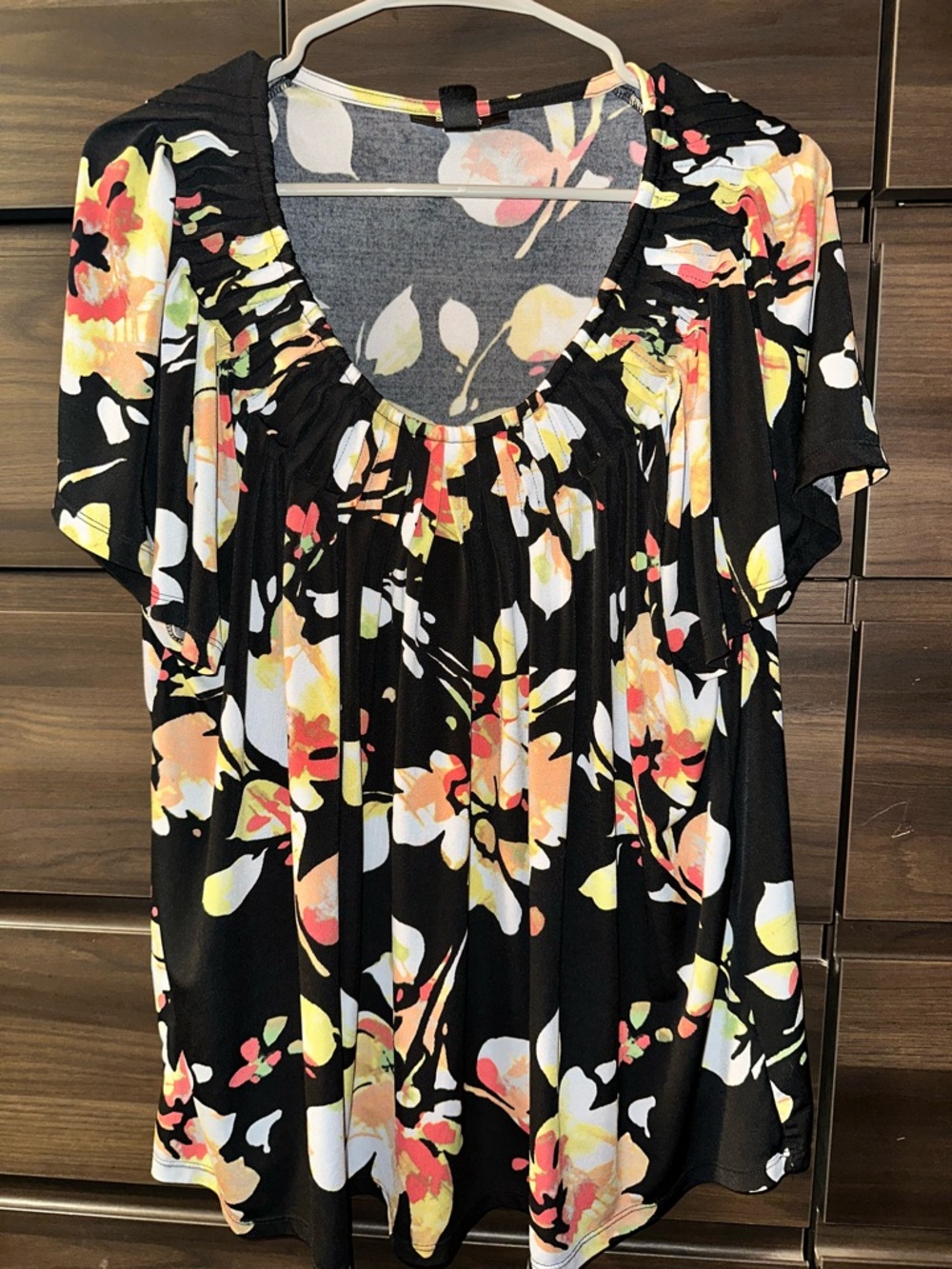 Style & Co. Black Scoop Neck Floral Top with Yellow and Peach Accents